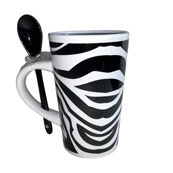 Zebra Print Mug With Matching Black Spoon 12 Oz V&S Houseware Ceramic Dishwasher - Picture 1 of 7